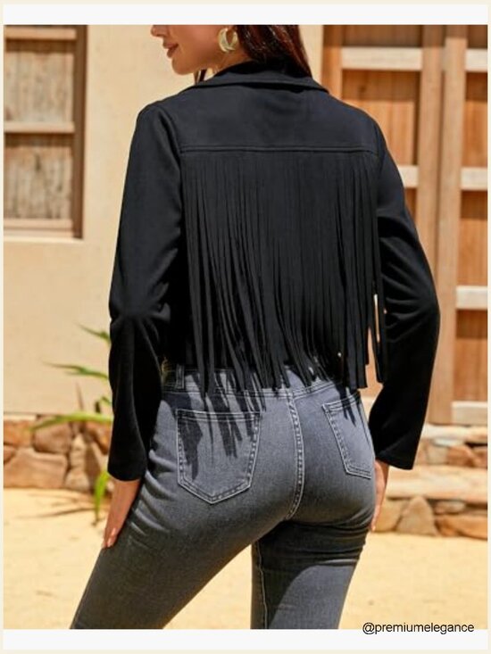 Faux Suede Leather Fringe Jacket Cropped Western Motorcycle Style - Picture 2 of 7